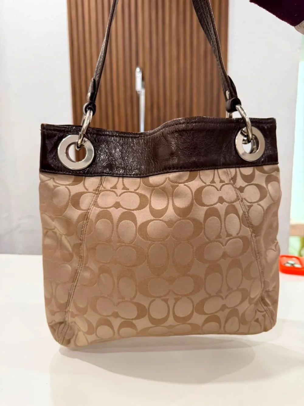 Coach Ashley Signature Jacquard Pleated Leather Canvas Brown Tan Shoulder Bag